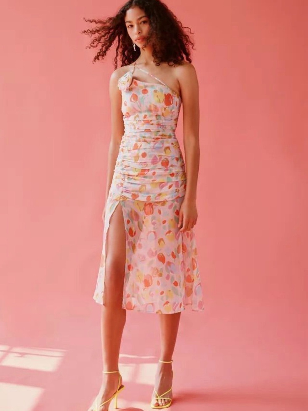 For Love & Lemons One-Shoulder Pastel Multi-Dot Midi Dress